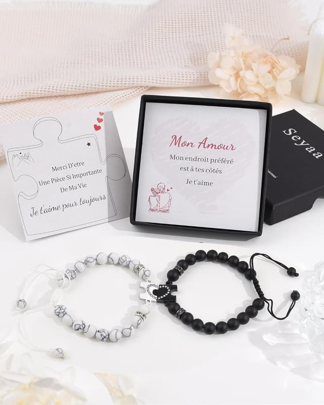 Detalle de Bracelet couple Seyaa « Amoureux pour 2 » en pierres de 8 mm et acier inoxydable