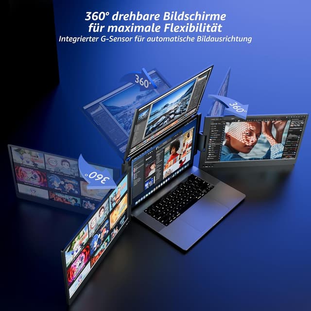 Detalle de ROADOM 15,6 Zoll tragbarer Triple-Monitor (Faltbar, Metallgehäuse, 360° drehbar) mit Type-C & USB – 1080P FHD IPS