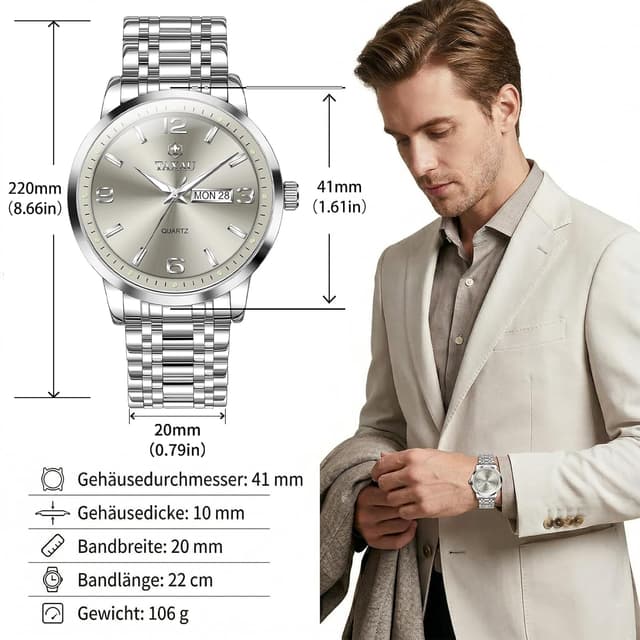 Detalle de Taxau Herren Uhr wasserdicht aus Edelstahl mit Datumsanzeige – Business & Luxus-Look