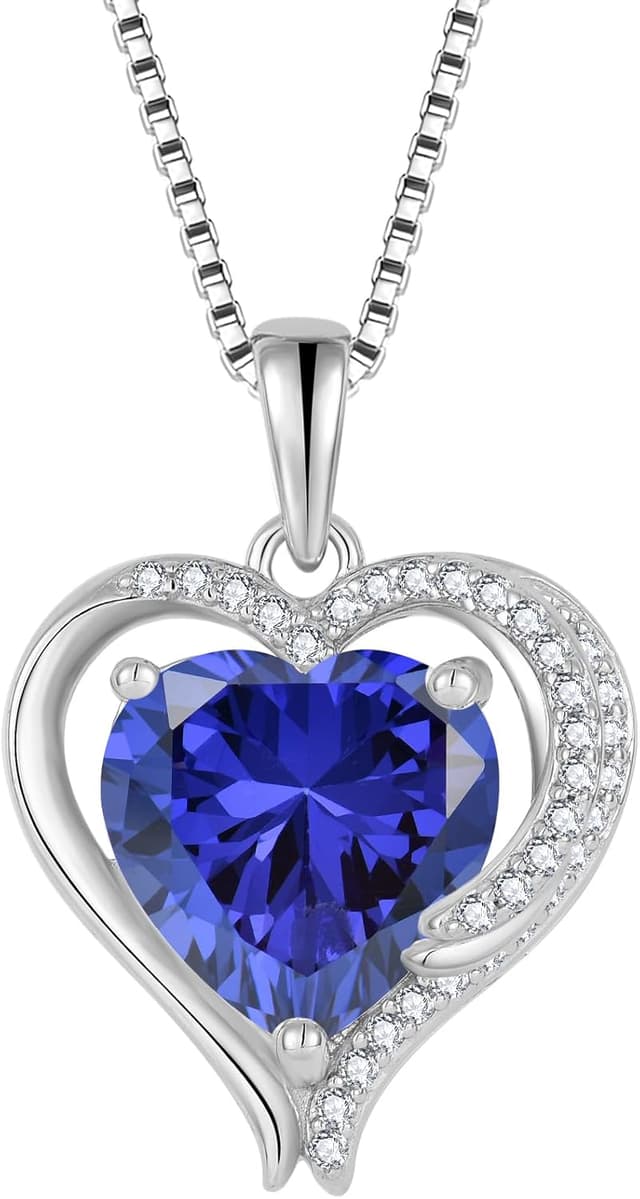 Detalle de FJ Herz-Kette Damen 925 Sterling Silber mit Engelsflügeln & Zirkonia – Geburtsstein Halskette für Mama, Freundin