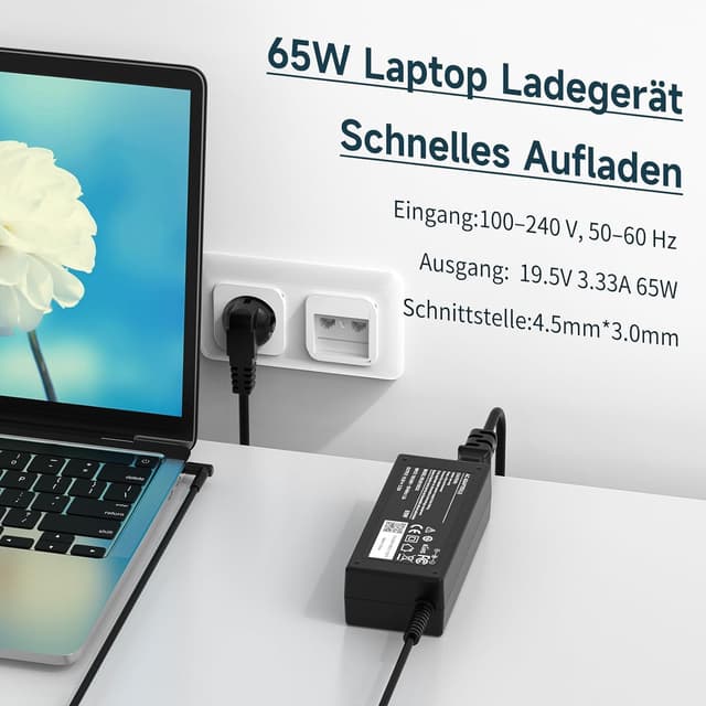 Detalle de HP Laptop Netzteil 65 W 19,5 V / 3,33 A (4,5 x 3,0 mm) – kompatibel mit vielen HP Modellen