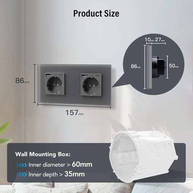 Thumbnail 6 de BSEED Steckdose aus Glas mit 20W USB‑C (3‑in‑1) Unterputz-Wandsteckdose, 240V/16A, 2‑fach grau
