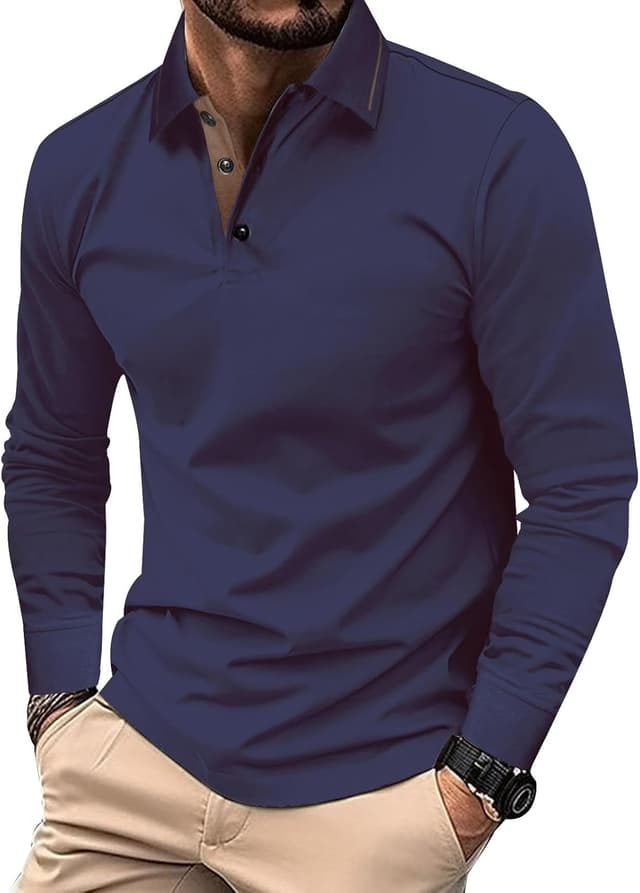 Detalle de Comilaka Uomo Polo casual a manica lunga in cotone con colletto a contrasto