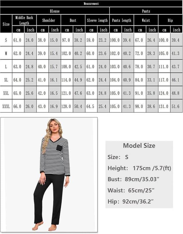 Detalle 2 de Terecey Pyjama femme long 2 pièces en coton à rayures (col V et poche)