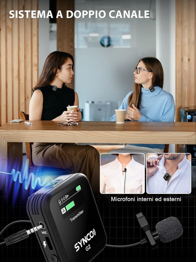 Detalle de SYNCO Microfono Lavalier Senza Fili G2 (A2) a 2 canali con display TFT per smartphone, DSLR e live streaming