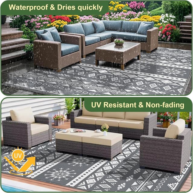 Detalle de MOKANI Large Outdoor Rug for Patio Waterproof (240x300 cm) – Reversible, Foldable Boho Garden Rug