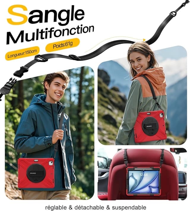 Detalle de BRAECN Étui iPad Air 13 pouces avec film de protection, support 360° et dragonne (rouge) pour modèles M4/M3/M2