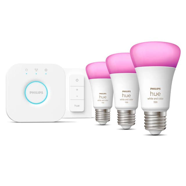 Detalle de Philips Hue White and Color Ambiance E27 Kit de inicio con puente y mando (3 bombillas) reacondicionado casi a estrenar