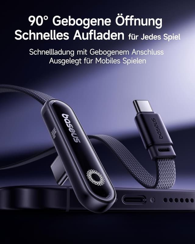 Detalle de Baseus USB‑C auf USB‑C Kabel 90 Grad, 2 m, 100 W mit Ring-Umgebungslicht