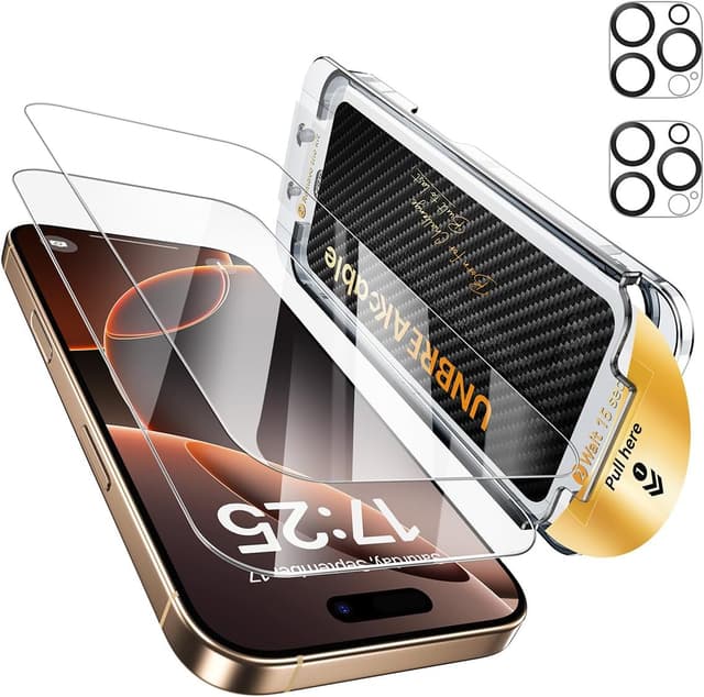 Detalle de UNBREAKcable 2+2 Pack Tempered Glass Screen Protector & Lens Protector for iPhone 16 Pro Max