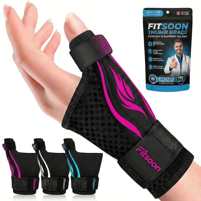 Detalle de Fitooson Thumb Wrist Brace (Thumb Spica) for De Quervain’s, Trigger Finger, and more — Rose Pink/Black, S/M