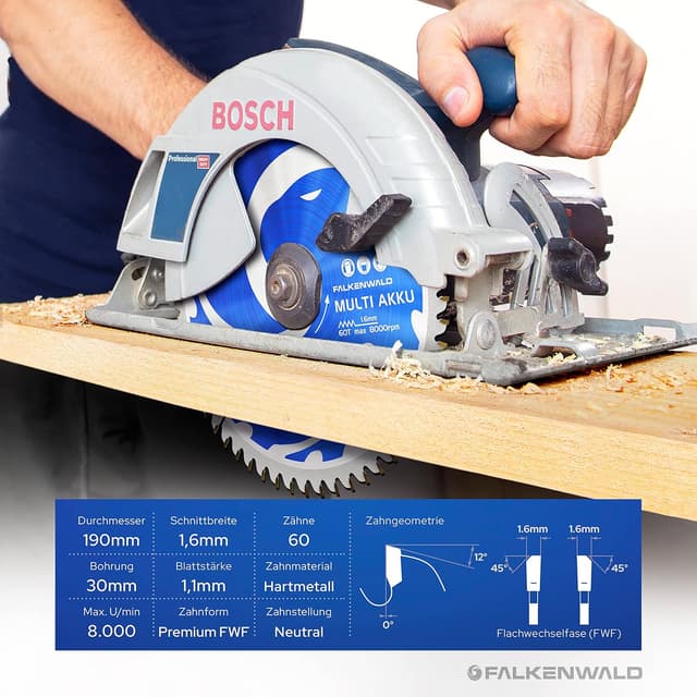 Detalle de FALKENWALD Sägeblatt 190 x 30 mm (Akku) – für Holz, Metall & Aluminium, kompatibel mit Bosch GKS 65/PKS 66 AF