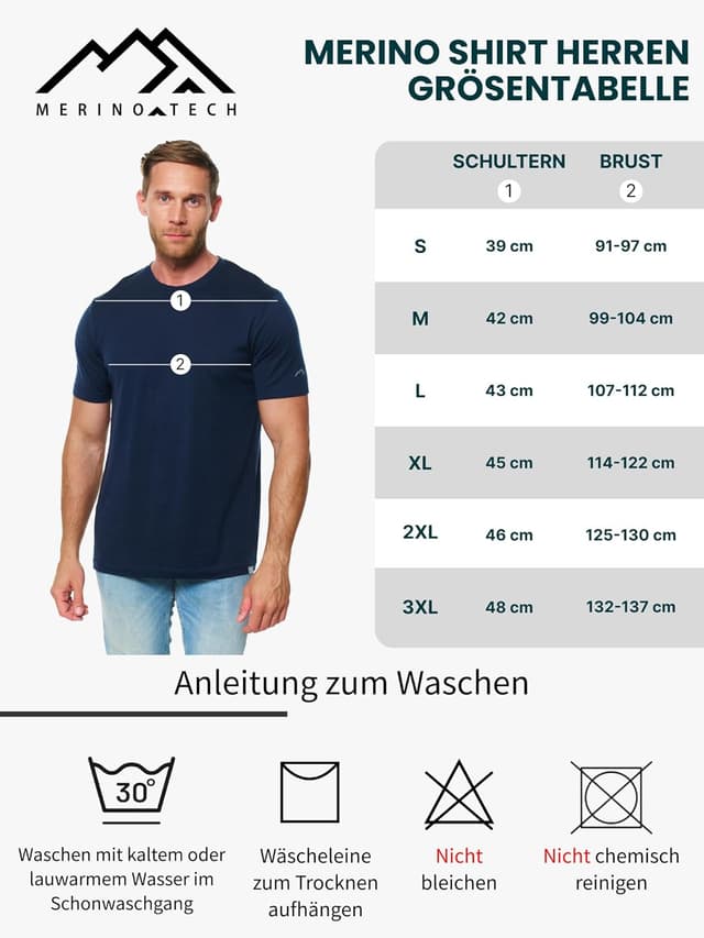 Detalle de 100% Merino T-Shirt Herren Kurzarm – Lightweight Sportshirt aus Merinowolle (165 g/m²)