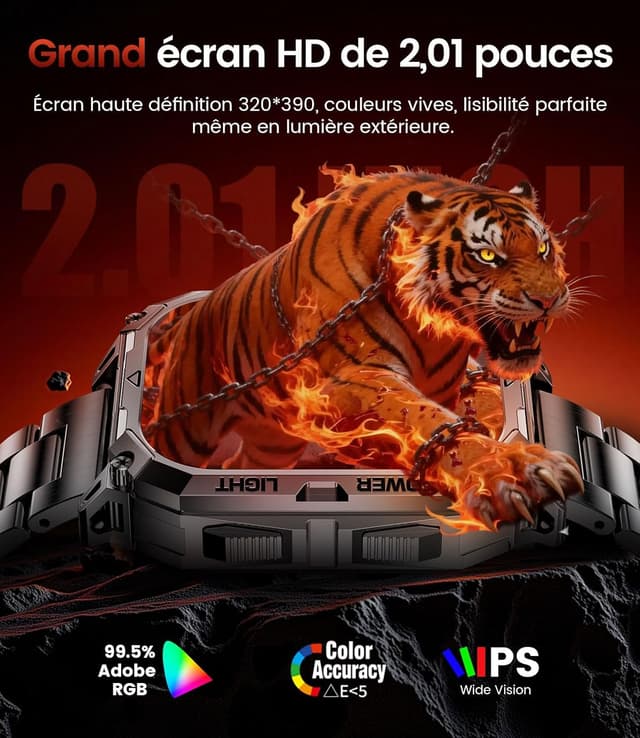 Detalle 2 de FITFLEX Montre connectée Homme HD 2,01" avec Bluetooth pour appels, fréquence cardiaque et modes sport, IP68