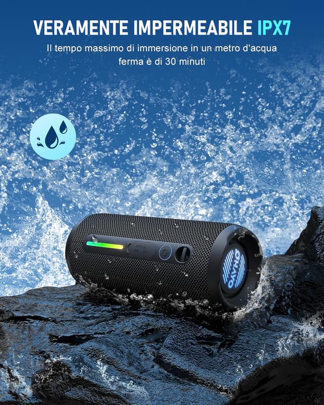 Detalle de OHAYO Cassa Bluetooth portatile 24W con Bluetooth 5.3, luci RGB e IPX7