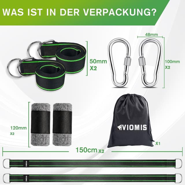 Detalle de Viomis Schaukel- & Hängematten-Befestigungsset mit 150 cm Gurten (900 kg) – Komplettpaket für Garten & Outdoor