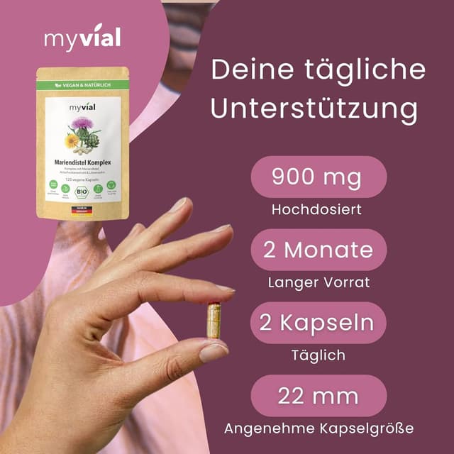 Detalle 2 de Bio Mariendistel Komplex Kapseln – Mariendistel, Artischocke & Löwenzahn (120 vegane Kapseln)