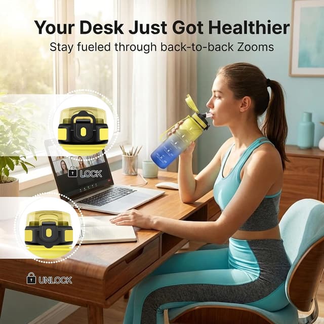 Detalle de JAPORIA Auslaufsichere Trinkflasche 1 l mit Strohhalm, Kohlensäure geeignet & Zeitmarkierung