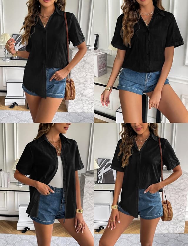 Detalle de Zeagoo Women Linen Button Down Shirt Rolled Cuff Short Sleeve V-Neck Blouse