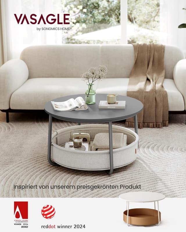 Detalle 2 de VASAGLE LCT244G01 Couchtisch rund mit Stauraum 75 cm