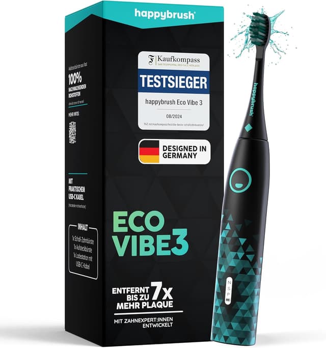 Detalle de happybrush® Schallzahnbürste Eco Vibe 3 (Black/Mint) – Ultraschall-Elektrozahnbürste mit 8‑Wochen-Akku & 2 Jahre Garantie