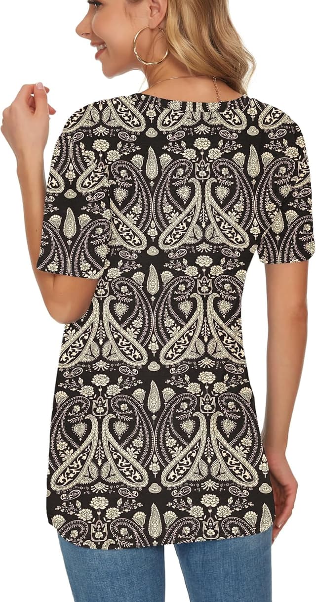 Detalle 2 de MOLERANI T-shirt femme d’été à manches courtes en tissu extensible, col V et style boho noir (jusqu’en 2XL)