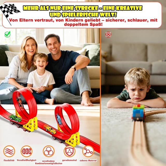 Detalle 2 de Rennbahn Kinder 5M – flexible Autorennbahn mit 6 Autos, Doppelspur und Aufbewahrungstasche (ab 3+)