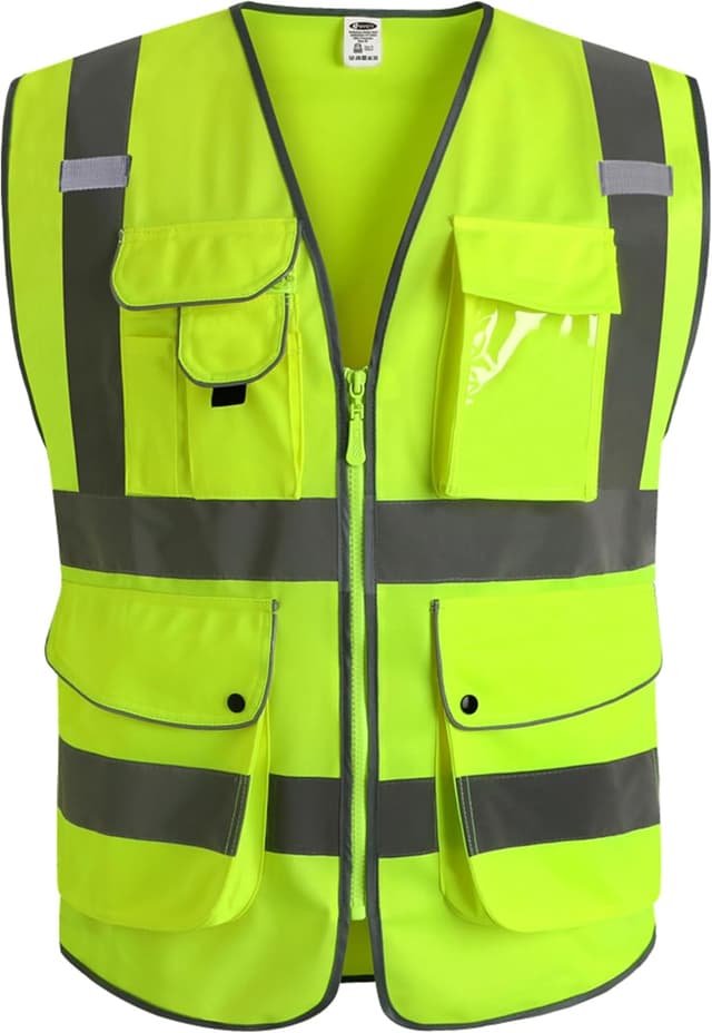 Detalle de JKSafety 9-Pocket Class 2 High-Visibility Zipper Safety Vest (ANSI/ISEA 107 Class 2 Type R) — Large, 150-Yellow