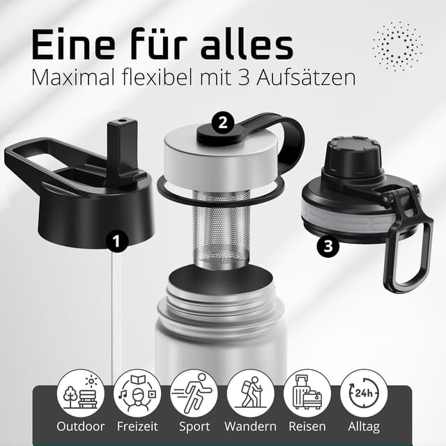 Detalle 2 de ACTIVE FLASK Trinkflasche Edelstahl mit Strohhalm-Verschluss (3 Deckel), auslaufsicher & BPA-frei – geeignet für kohlensäurehaltige Getränke