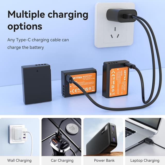 Detalle 2 de Lot de 3 batteries AKTTKA LP-E10 1500 mAh avec charge directe USB-C (câble 2-en-1) pour Canon LP-E10