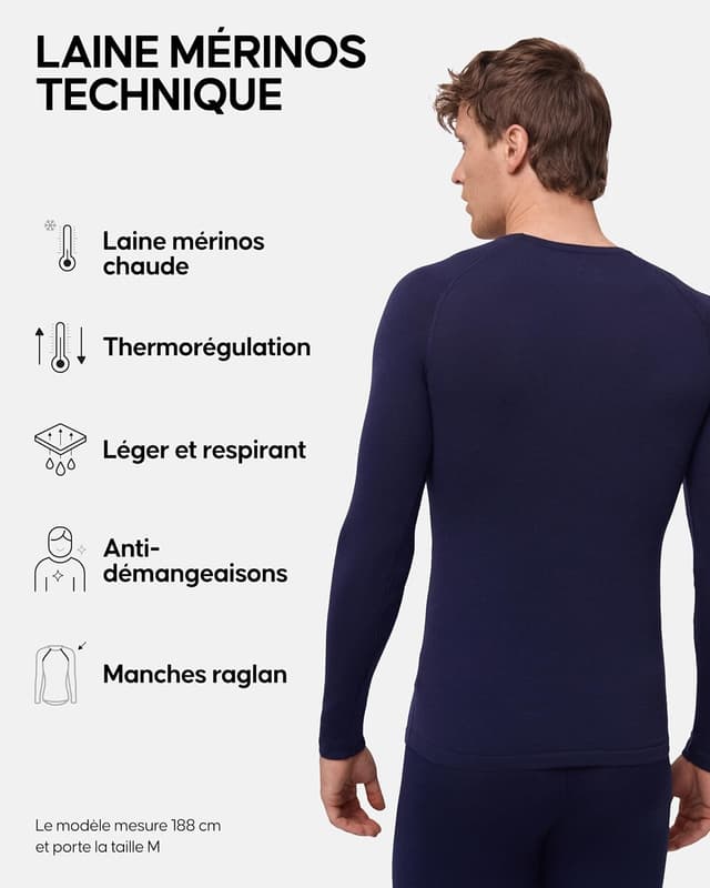 Detalle de Danish Endurance T-Shirt thermique manches longues en laine mérinos (avec ou sans demi-zip) pour homme