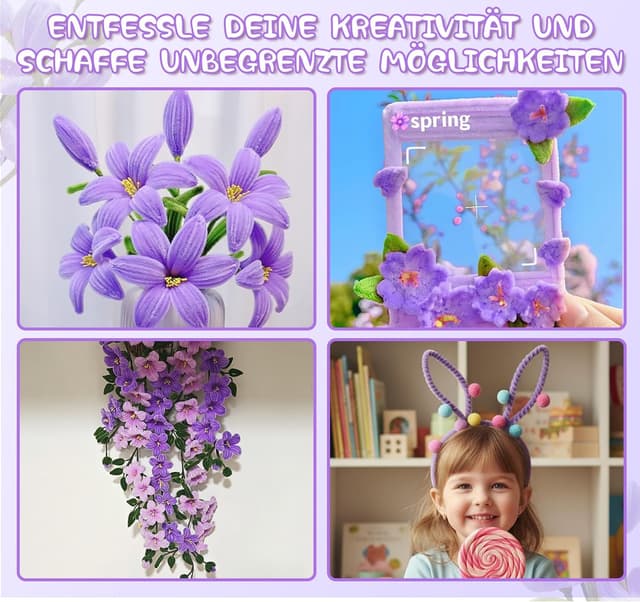 Detalle 2 de Tulpe Pfeifenputzer Bastelset mit 400 Stück – DIY Blumen & Deko in 5 Farben (lila)