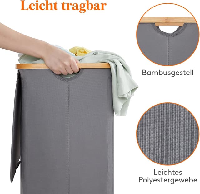 Detalle 2 de Lifewit 100L Wäschekorb mit Deckel und abnehmbarem Wäschesack (Bambusgriffe), grau