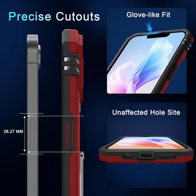 Detalle de DEERLAMN iPhone 17e / iPhone 16e 6.1-inch case with sliding camera cover, ring kickstand & shockproof protection (Red, 2-pack screen protectors)