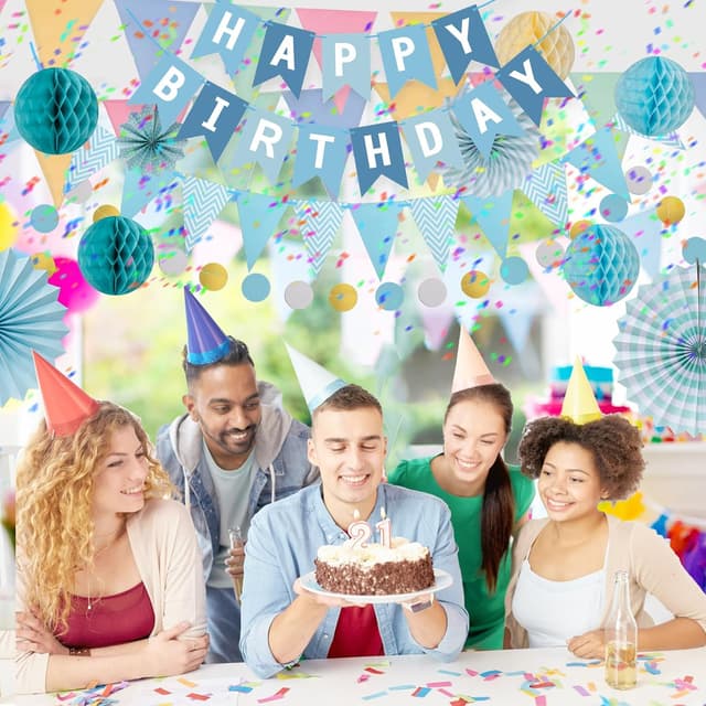 Thumbnail 6 de Meowoo Geburtstagsdeko in Blau – Happy Birthday Girlande, Wimpelkette, Wabenblumen und Papierfächer (wiederverwendbar)