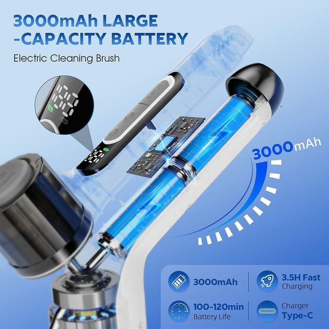 Detalle de FYDEE Brosse de nettoyage électrique rotative sans fil IPX7, manche télescopique et 7 têtes interchangeables