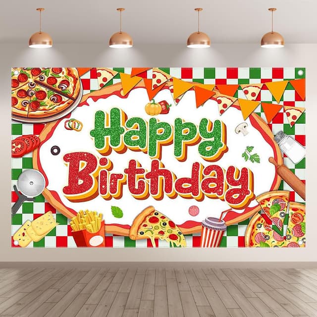 Detalle 2 de Luminora 72x43 inch pizza-themed birthday backdrop in red and green