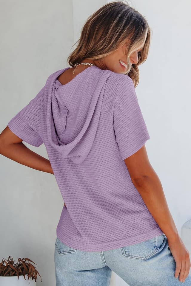 Detalle de Dokotoo Waffle Knit V-Neck Drawstring Hoodie Top for Women (Short Sleeve, Button Front)