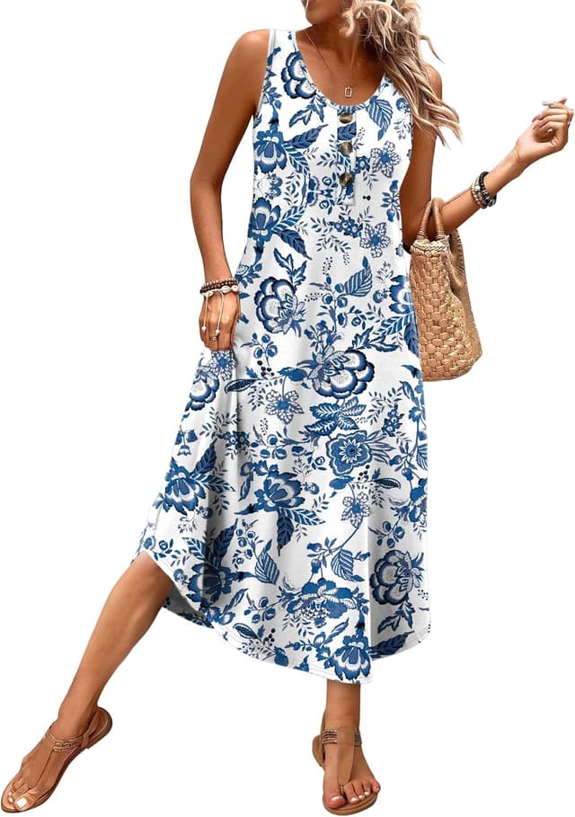 Detalle de WIHOLL Button-Front Sleeveless Midi Dress for Women (with Pockets) — Summer Casual & Vacation Styles