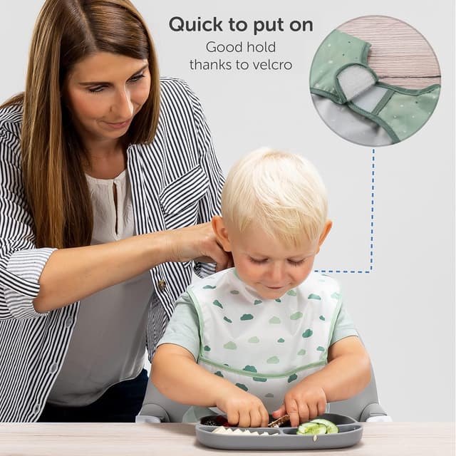 Detalle de MiaMia Baby Bibs waterproof weaning bibs with food catch (5 pack), Oeko Tex Standard 100 certified