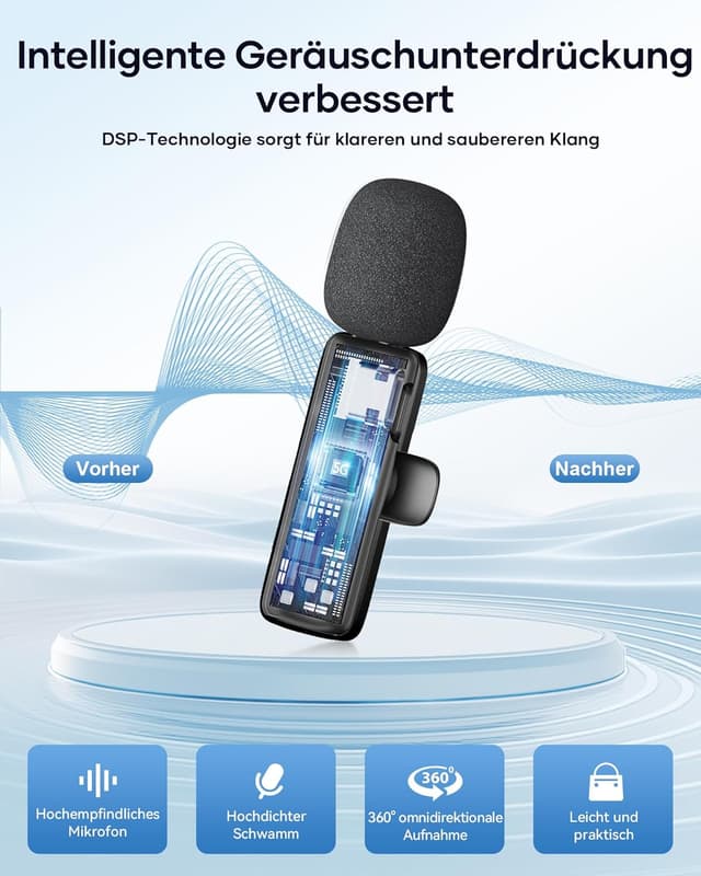 Detalle de CZOCPOS Kabelloses Lavalier Mikrofon 2er Set – Mini Funk-Lavalier für iPhone, iPad & Android (Plug & Play), Schwarz