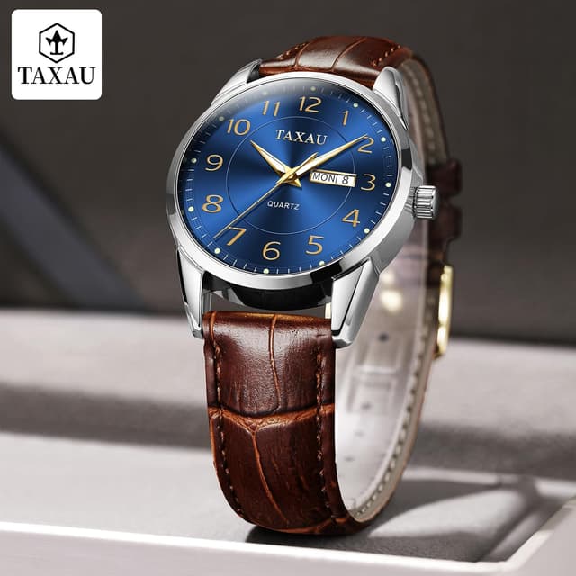 Detalle de Taxau Klassische Lederuhr für Herren – Analog, Quarz, Big Dial mit Lumen- & Day-Date-Anzeige