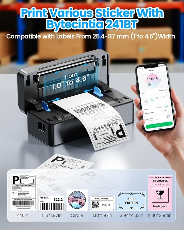 Detalle 2 de ByteCintia Bluetooth & USB 4x6 Thermal Shipping Label Printer (203 dpi) for small business