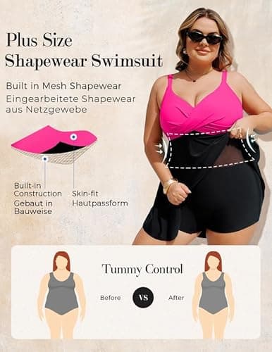 Detalle de Hanna Nikole Women’s Plus Size Skirted One-Piece Swimsuit with Tummy Control & Cross Push-Up