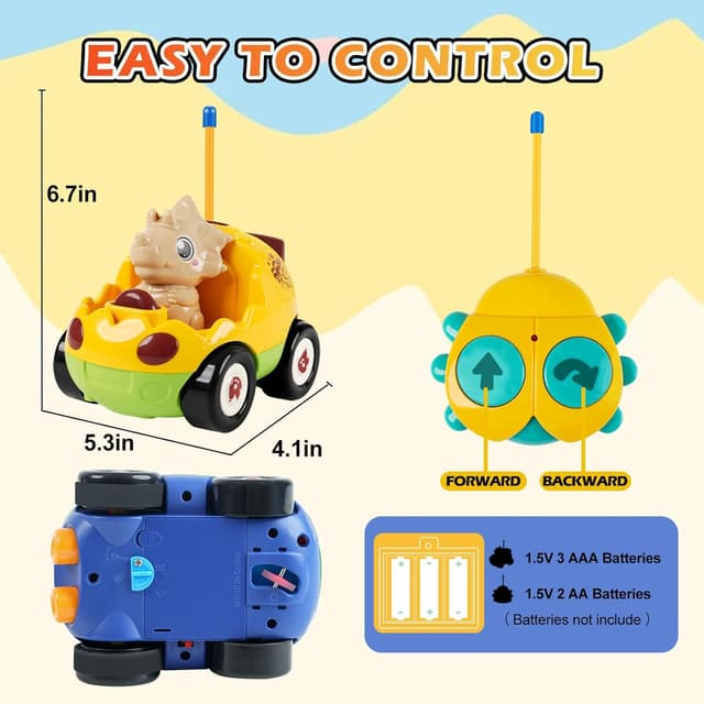 Detalle 2 de QPOU 2-Pack Remote Control Dinosaur Toy Car Set (with Lights & Music) for Kids 18+ Months