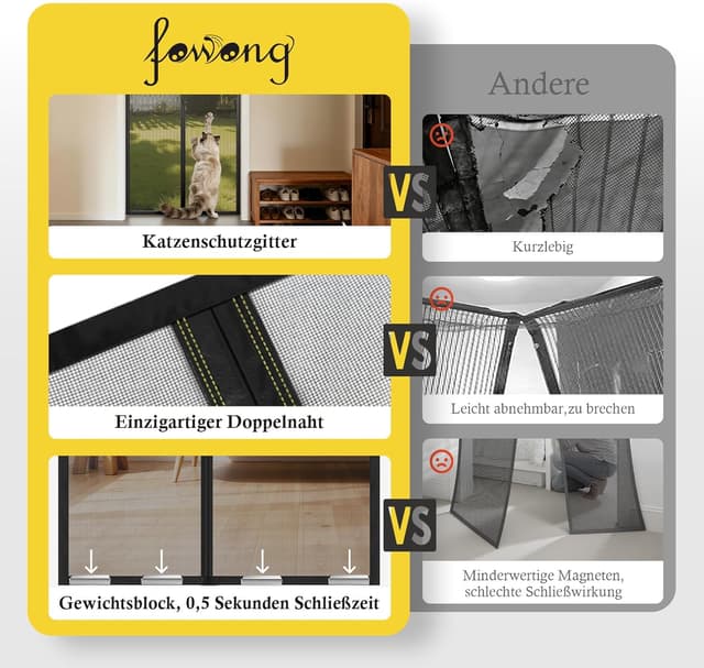 Detalle 2 de fowong Magnet-Fliegengitter für Balkontür 160x230 cm (Nanogitter, magnetischer Insektenschutzvorhang, schwarz)