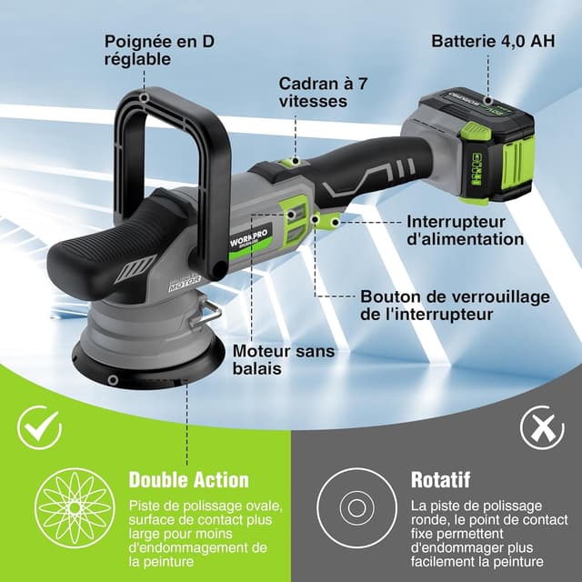 Detalle 2 de WORKPRO Polisseuse de voiture sans fil 20V orbitale double action, 7 vitesses (2000–5000 tr/min)