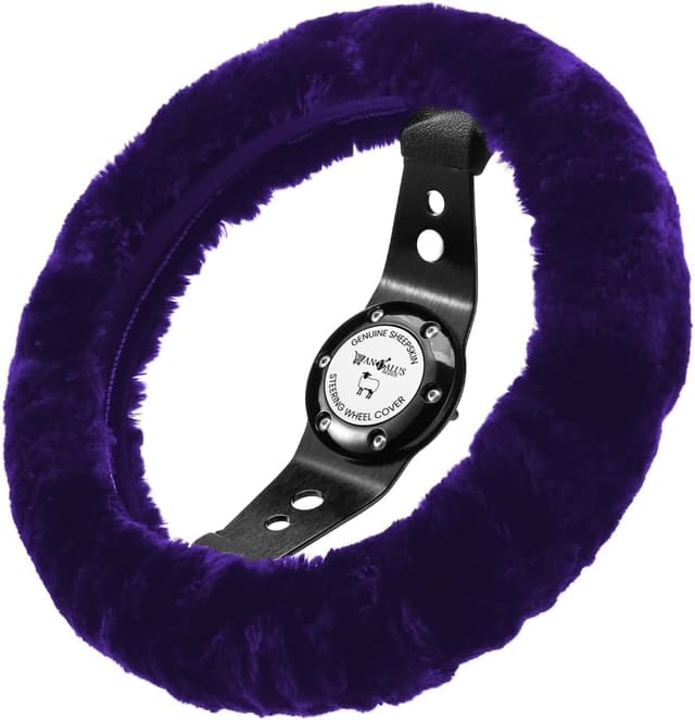 Detalle de Andalus Brands Luxury Fluffy Car Steering Wheel Covers (Genuine Merino Sheepskin) – Dark Purple Universal 14.5–15