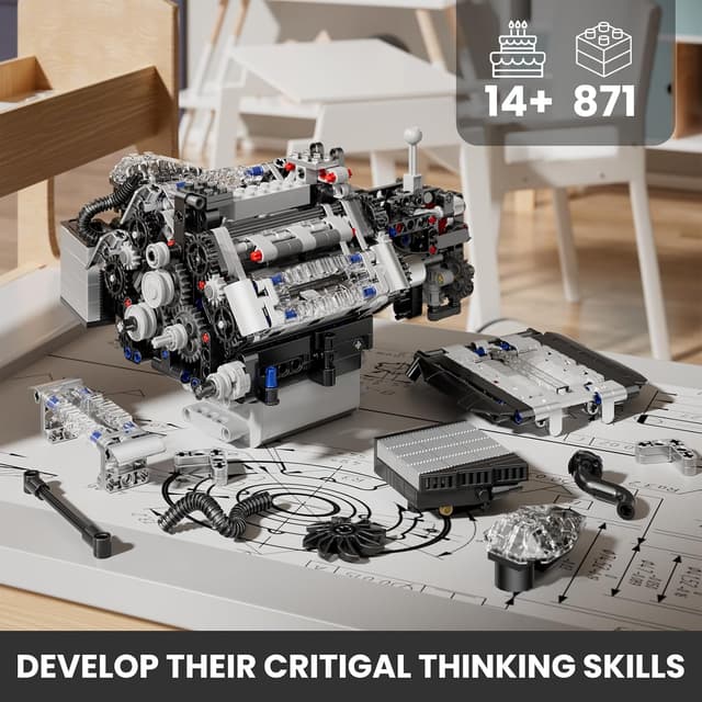 Detalle 2 de Mould King 10230 Technik Motor – Modellbausatz mit 871 Teilen, transparenten Zylinderköpfen und elektrischem Antrieb