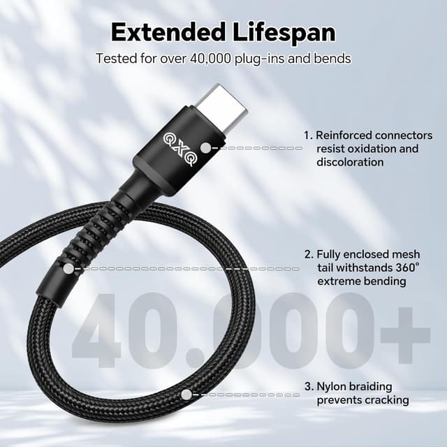 Detalle de QXQ Cavo USB-C 60W PD 1m Nero (set 2 pezzi) per ricarica rapida e trasferimento dati fino a 480 Mbps